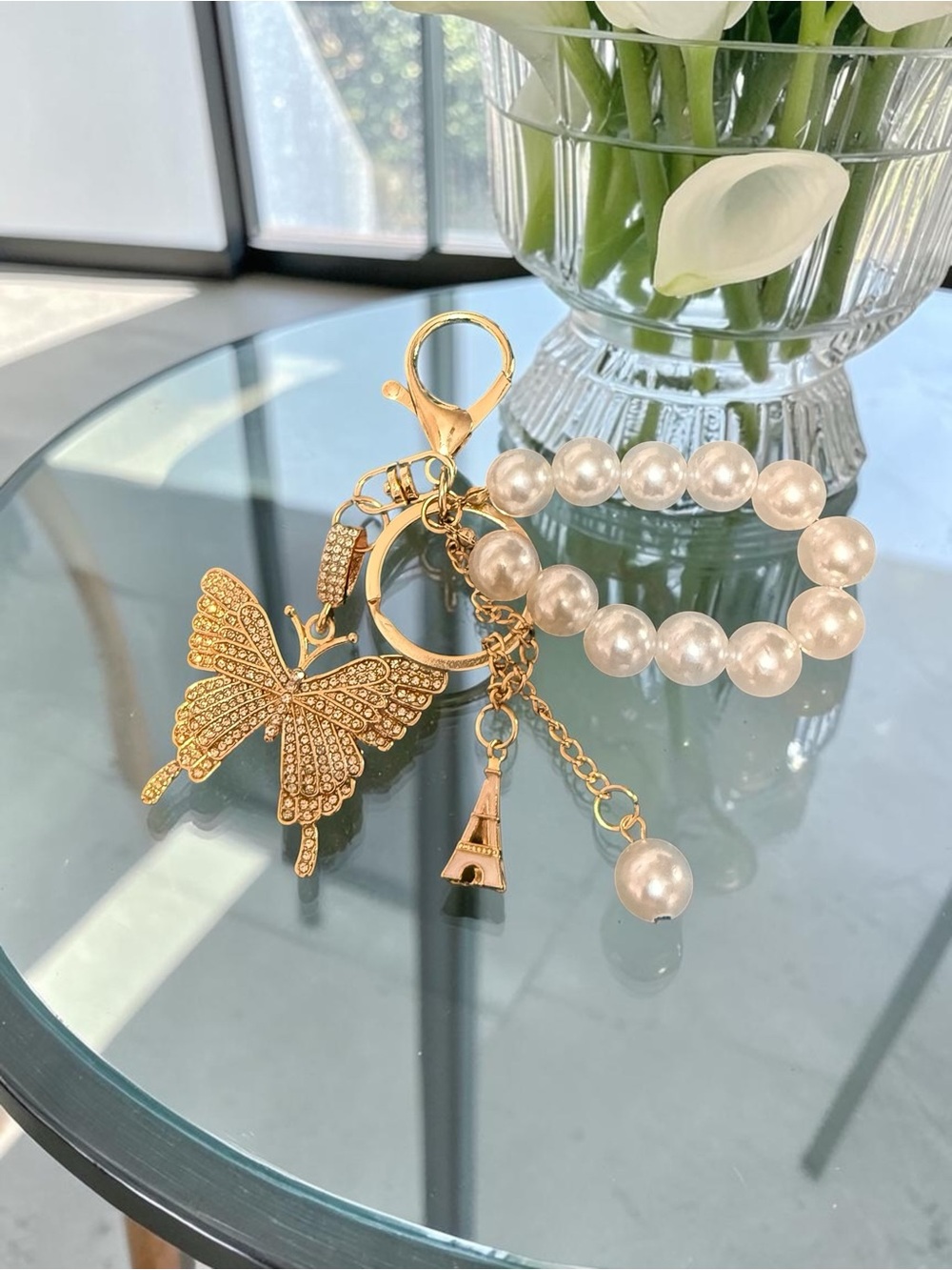 Paris Pearl Beaded Bag Charm with Rhinestone Butterfly & Eiffel Tower - Picture 3 of 3